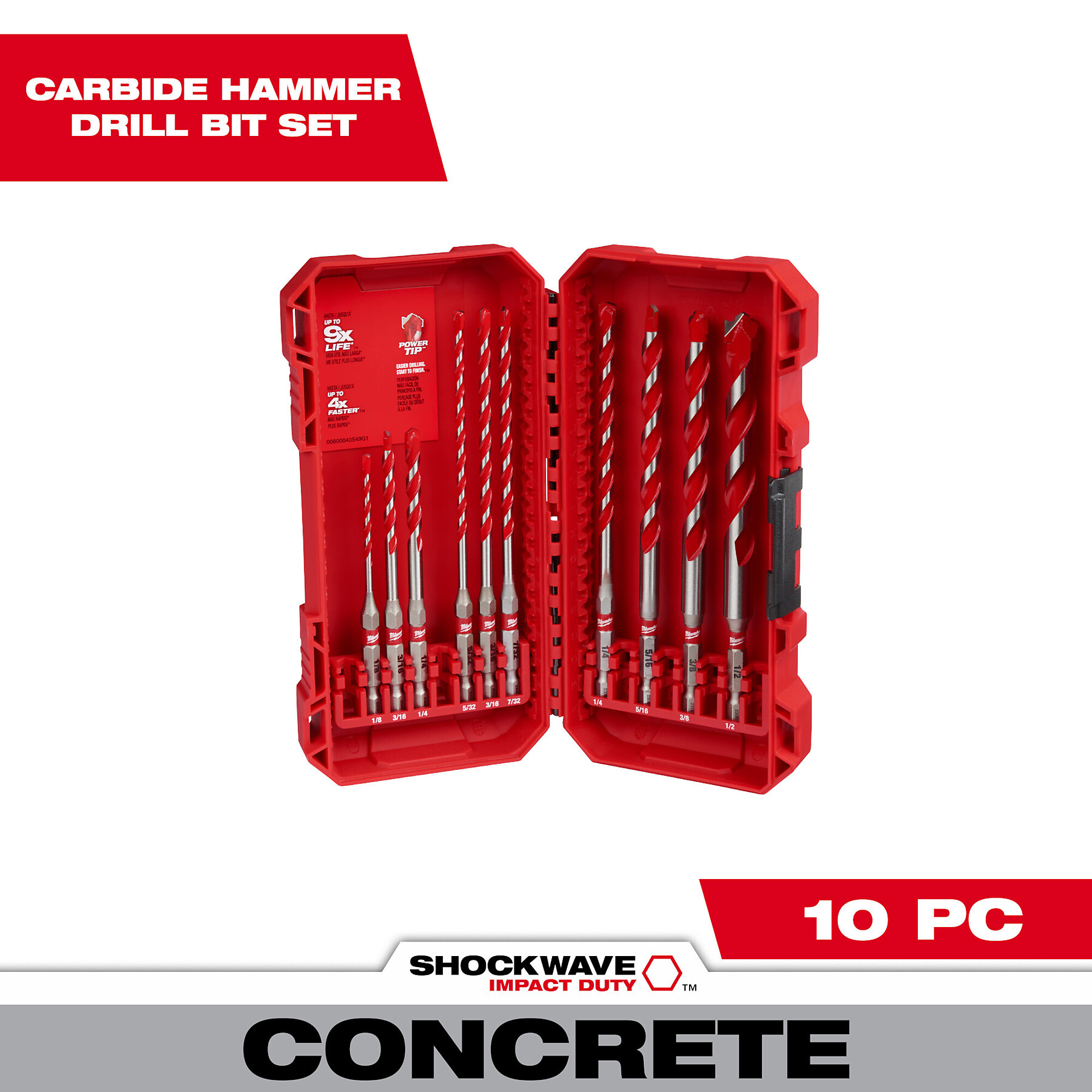 Milwaukee SHOCKWAVE Impact-Duty Carbide Hammer Drill Bits, 10 Pcs., Model# 48-20-9058
